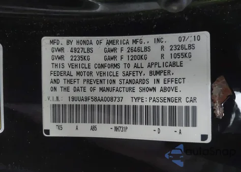 2010 Acura Tl 3.7 из США, поврежденный, VIN 19UUA9F58AA008737
